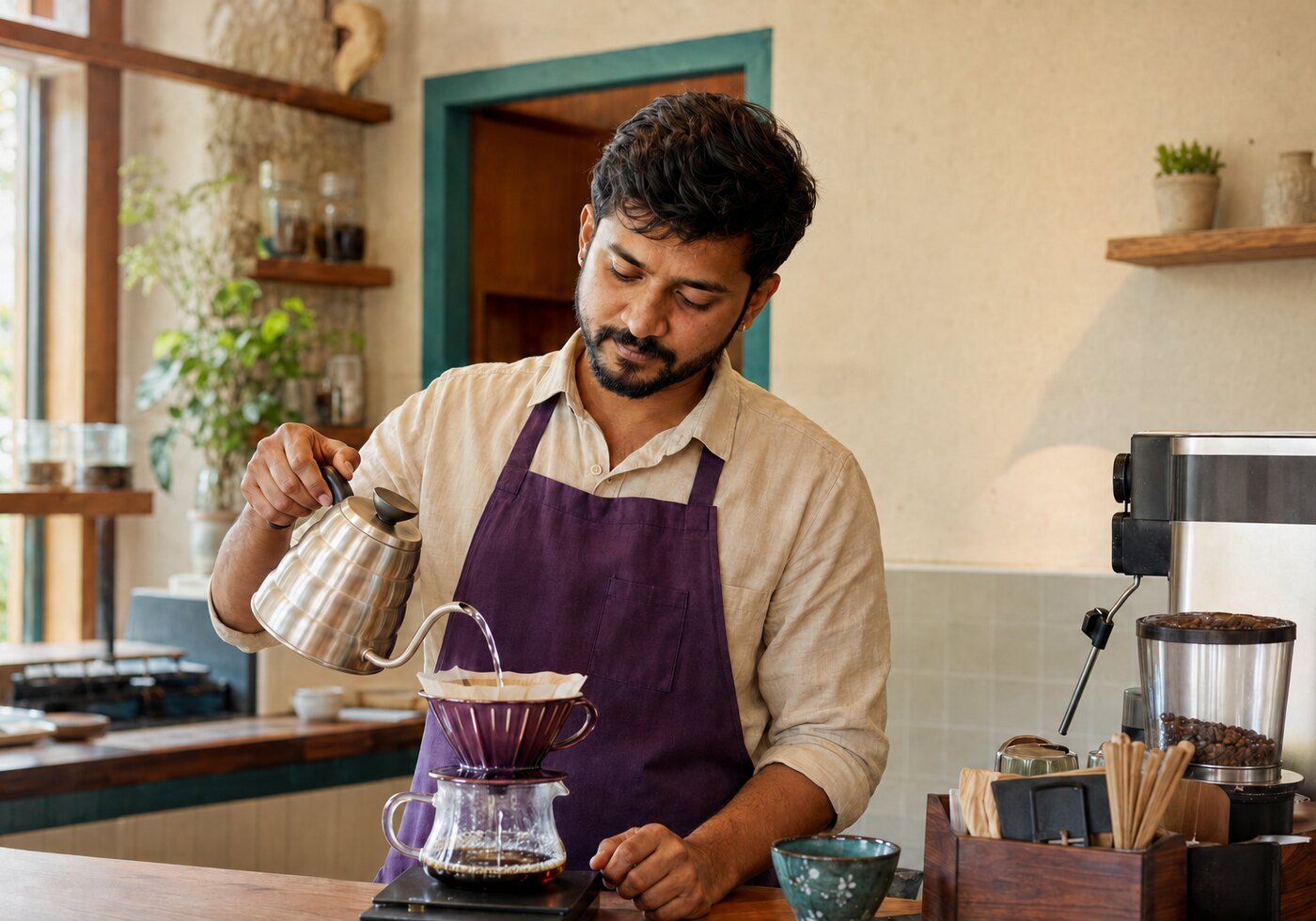 Barista preparing coffee in a Karnataka neighborhood cafe