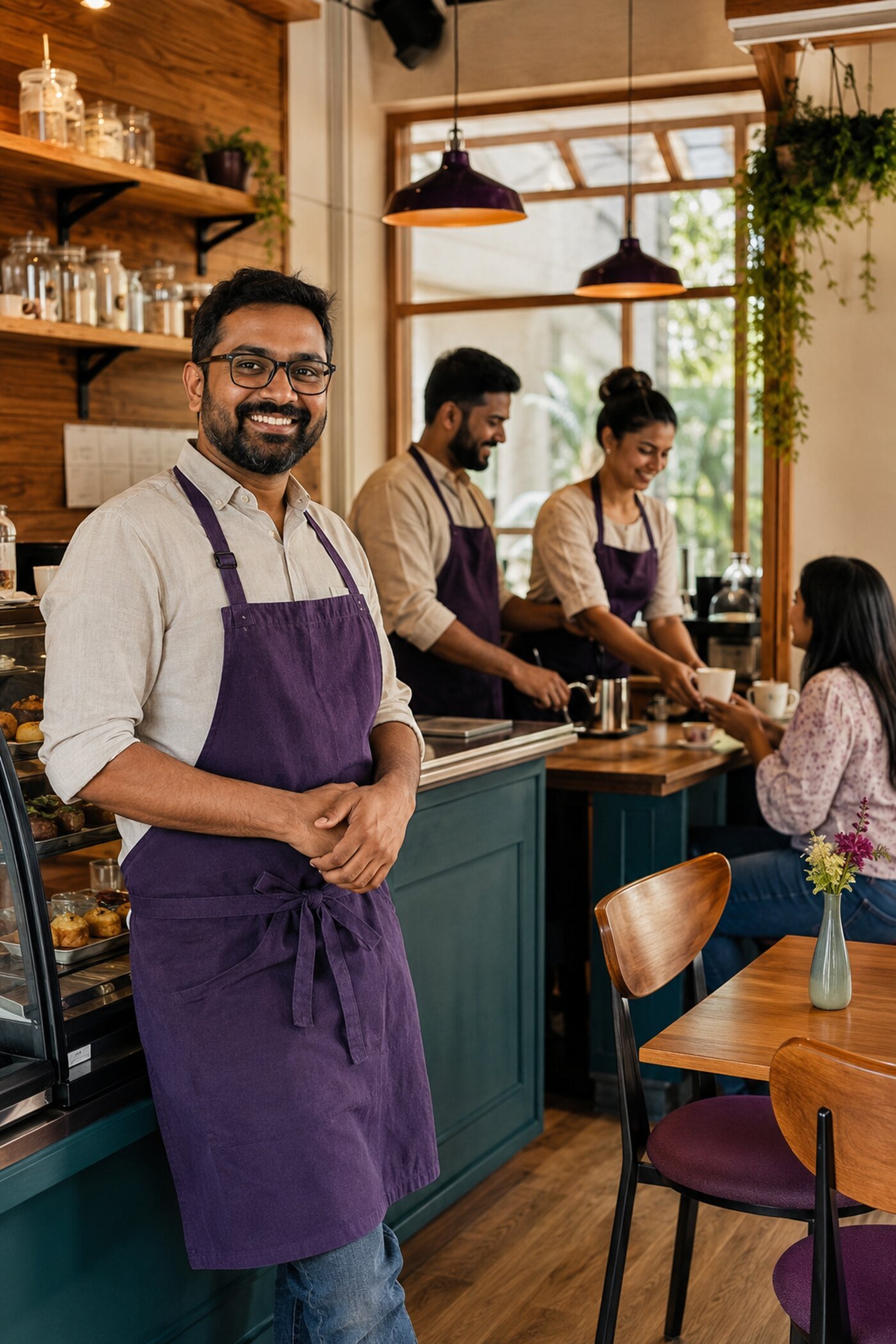 Local cafe team serving customers