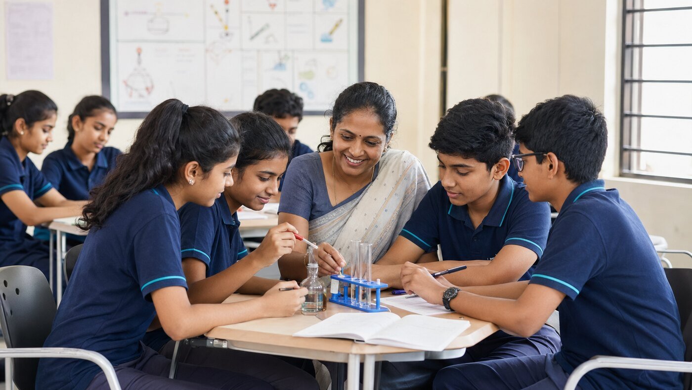 Indian school students learning together in a classroom